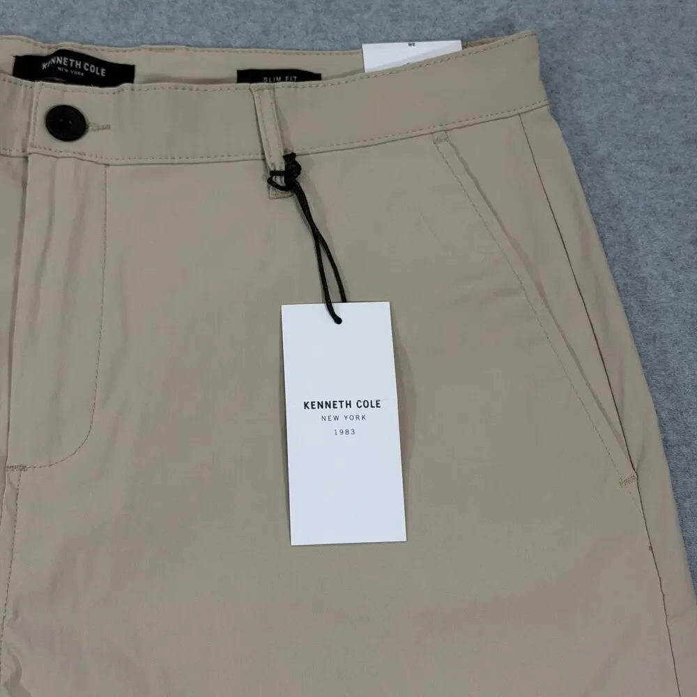 Kenneth Cole Mens 38x8 Slim Fit Tech Shorts Classic Khaki Stretch Flat Front NWT
